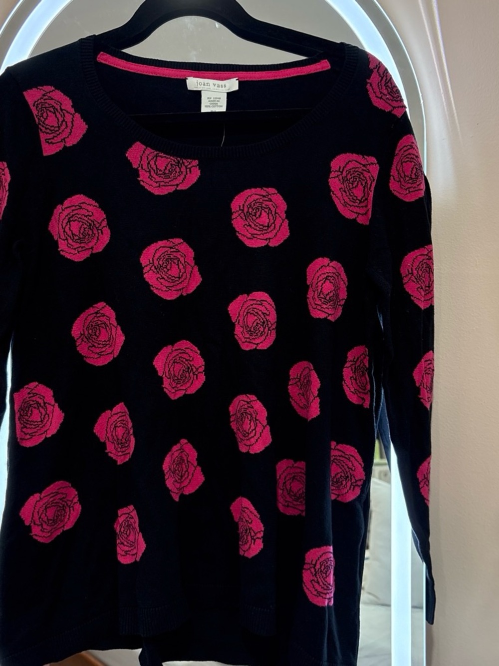 Joan Vass Black Knit Sweater with Pink Floral Motif